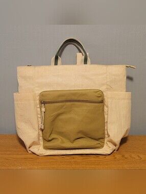 Canvas Daypack Backpack in Cream with Olive Front Pocket